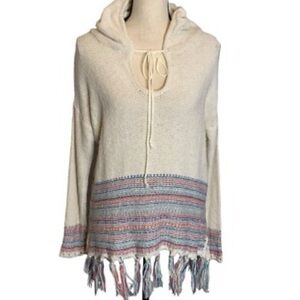 Lovestitch 100% Cotton Cream Hooded Sweater with Multicolor Fringe, Size S